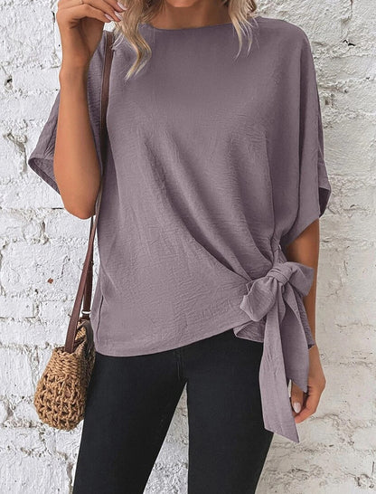 Solid Batwing Sleeve Knot Hem Loose Top