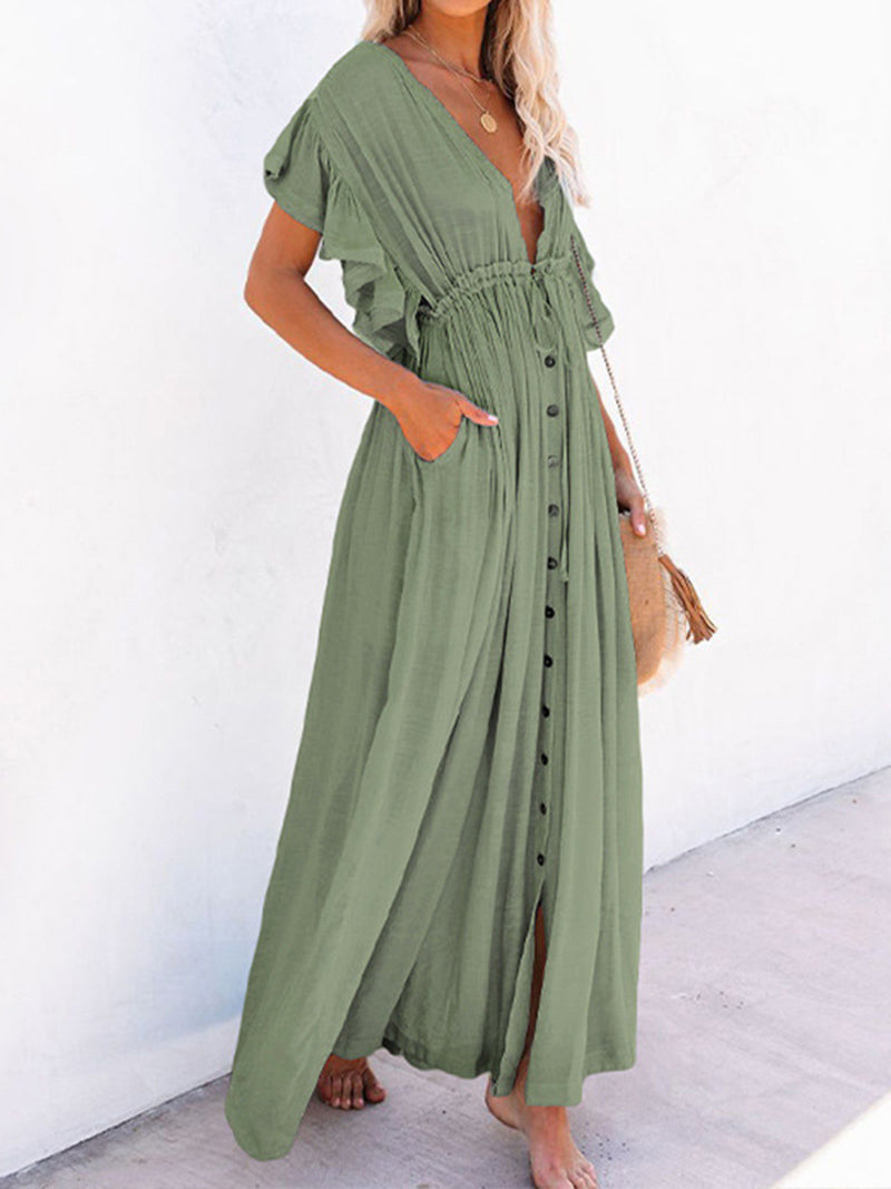 Button Front Drawstring Maxi Dress