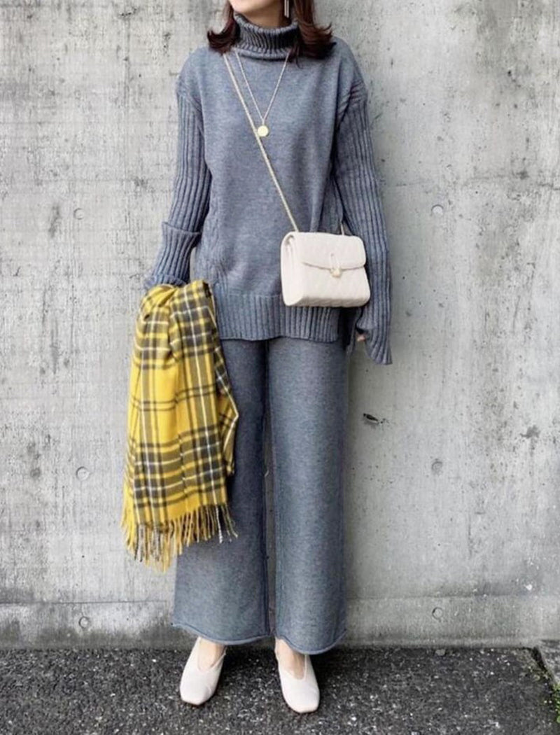 Loose High Neck Sweater and Knit Wide-Leg Pants Set