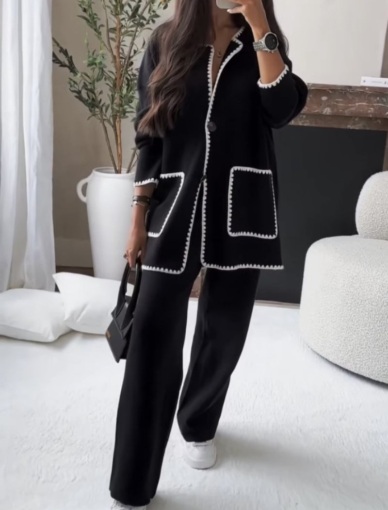 Contrast Trim Buttoned Coat and Wide-Leg Pants Set