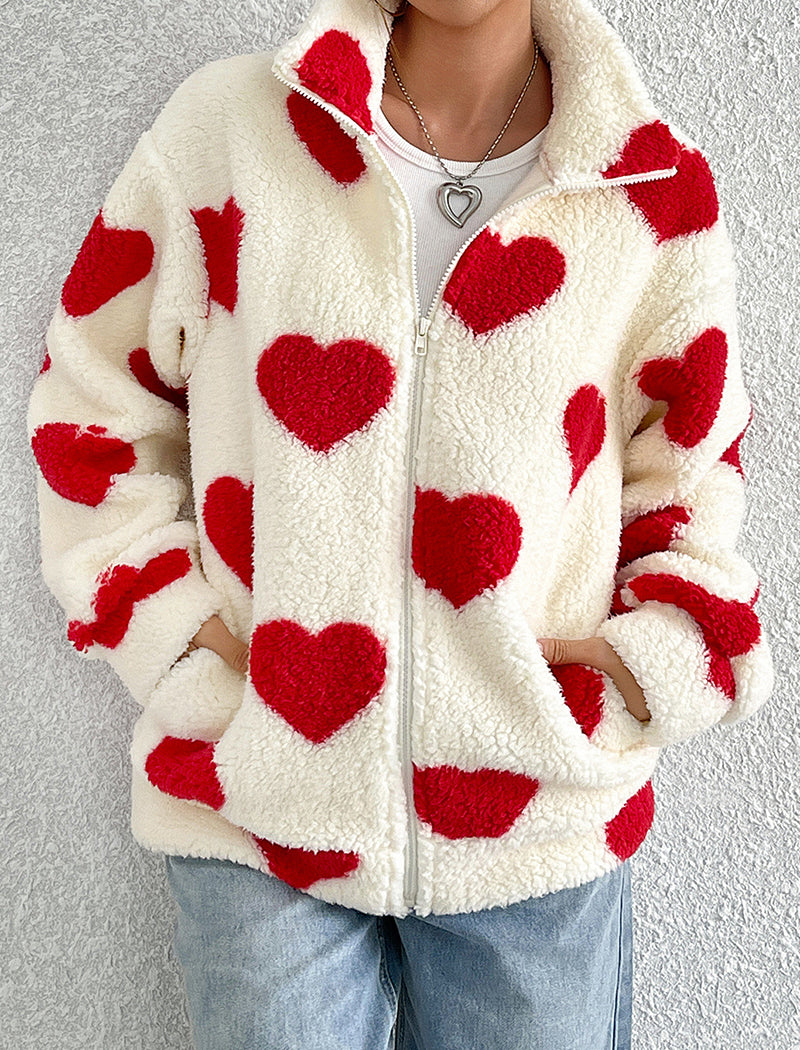 Fleece Heart Print Zip-Up Cardigan