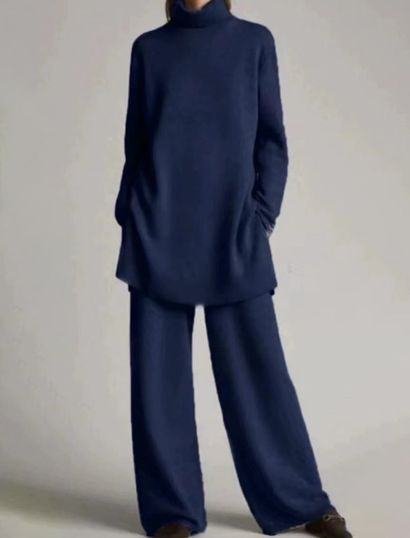 Knitted Solid Color High-Neck Relaxed Two-Piece Set