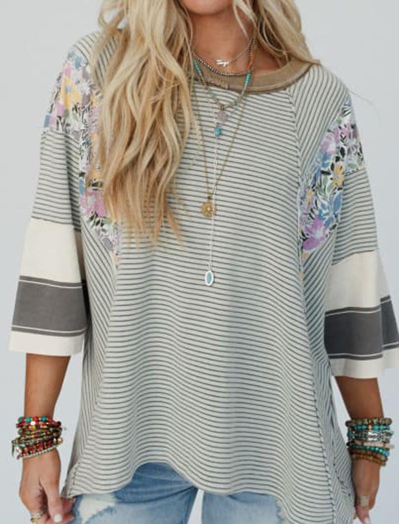 Striped Floral Panel Raglan Top