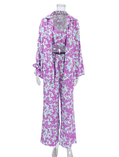 Floral Printed Matching Set with Wide-Leg Pants
