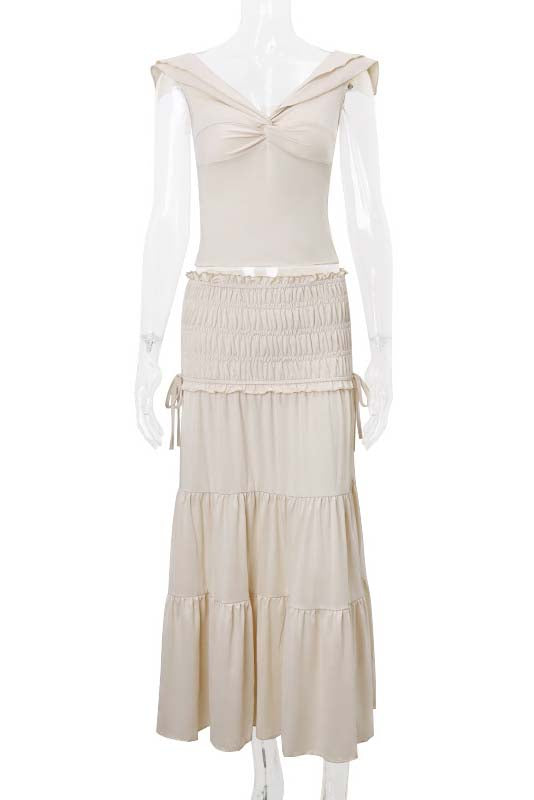 Off-Shoulder Ruched Top and Tiered Skirt Set