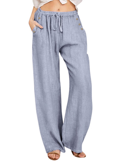 Wide-Leg Buttoned Drawstring Pants