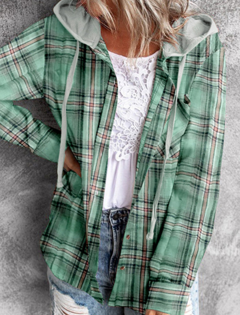 Hooded Plaid Button-Up Shirt