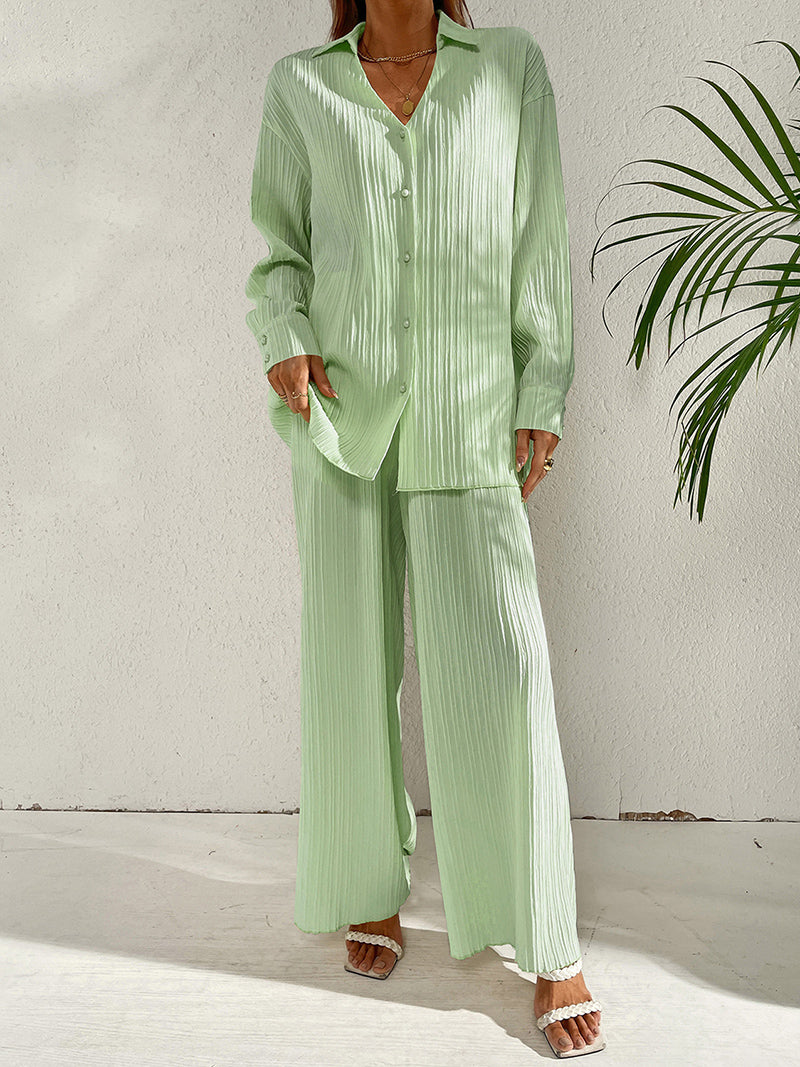 Pleated Button-Up Shirt and Wide-Leg Pants