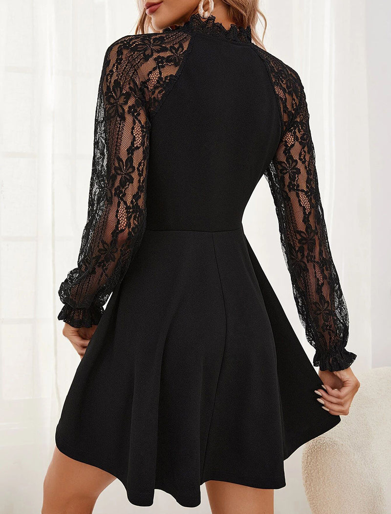 Mock Neck Lace Panel Fit and Flare Dress