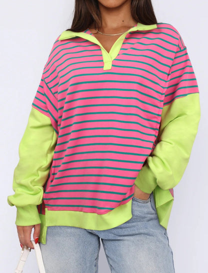 Striped Oversized Pullover with V-Neck