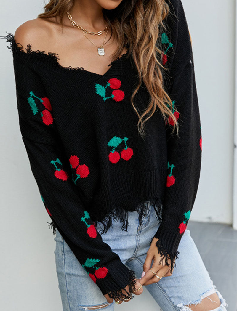 Loose V-Neck Fringed Knit Sweater