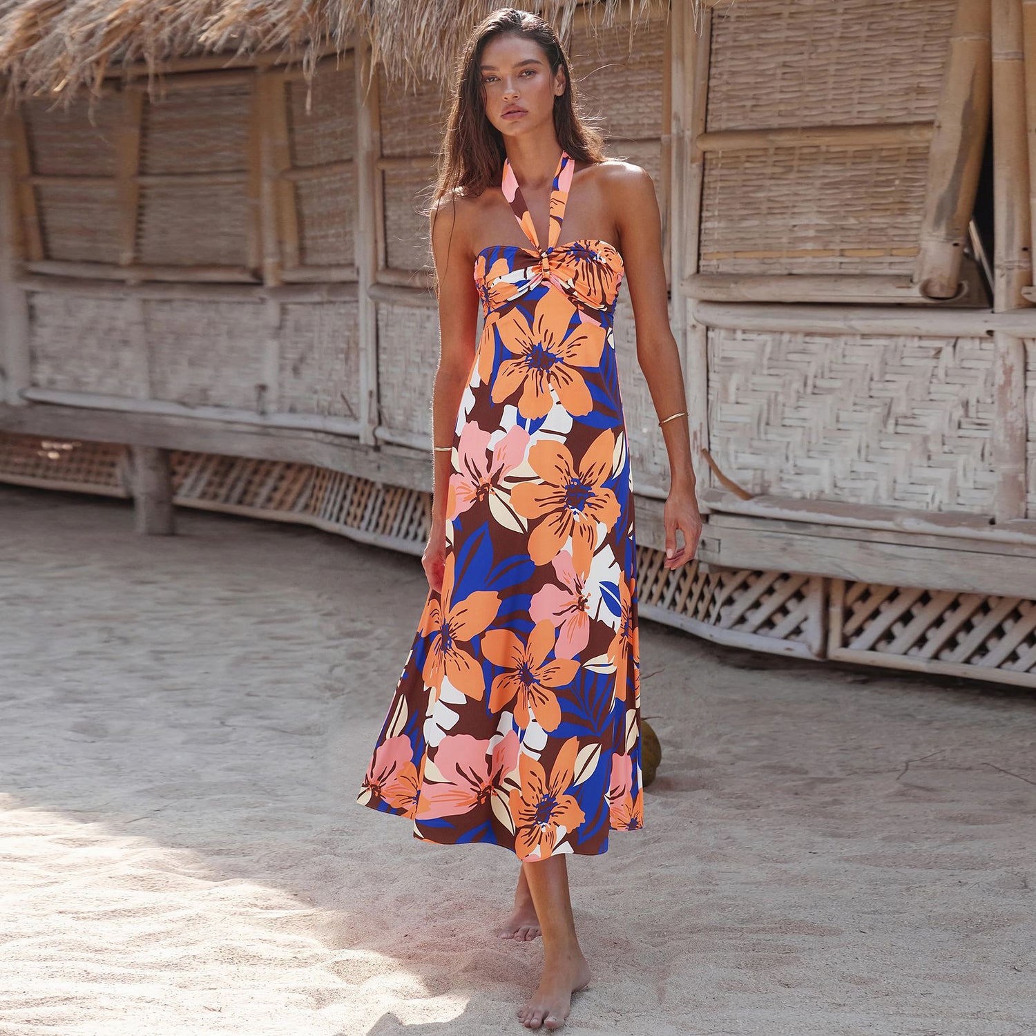 Halter Tropical Print A-Line Dress