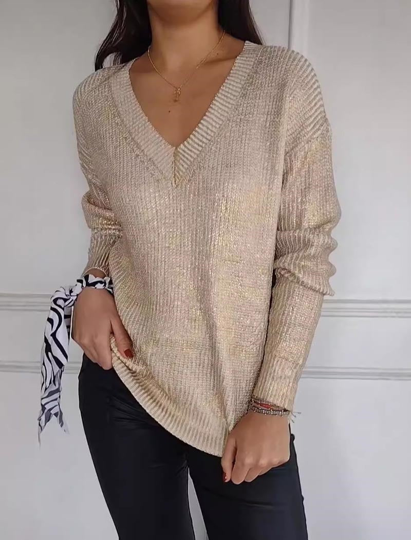 V Neck Metallic Knit Sweater
