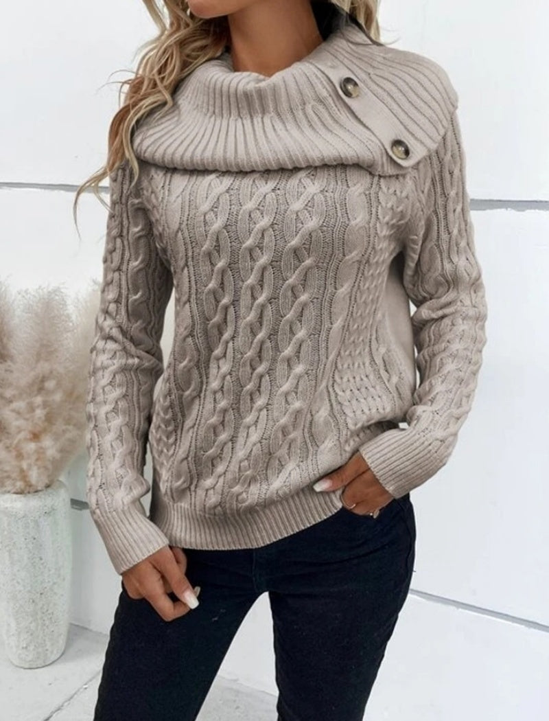 Buttoned Cable Knit Turtleneck Sweater