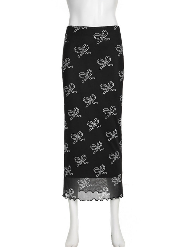 Bow Print Mesh Midi Skirt