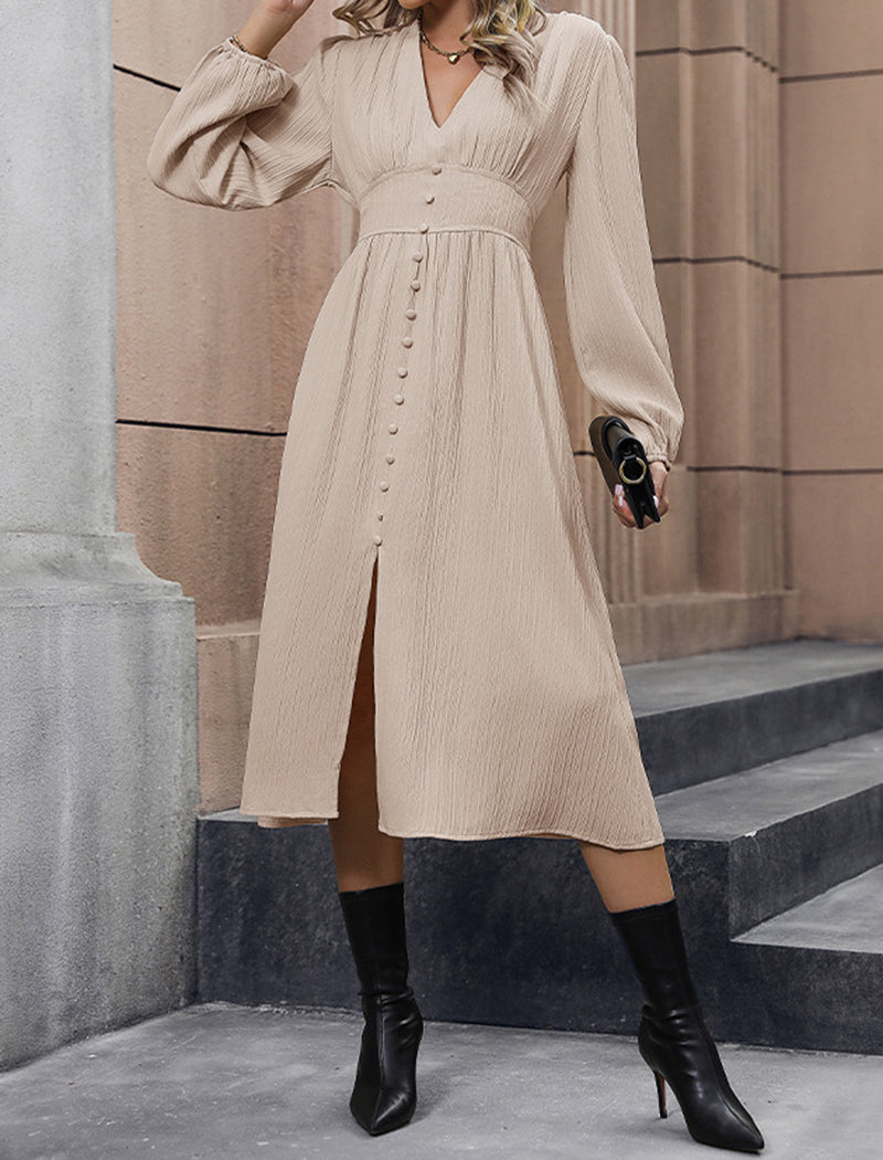 Button-Front Long-Sleeve Midi Dress