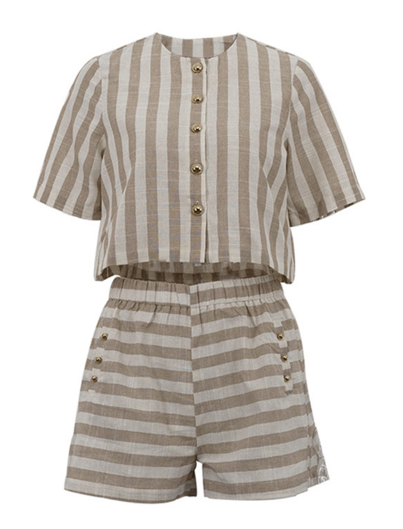 Striped Buttoned Short Sleeve Top and Shorts Set