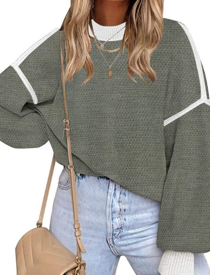 Oversized Waffle Knit Sweater with Contrast Stitching