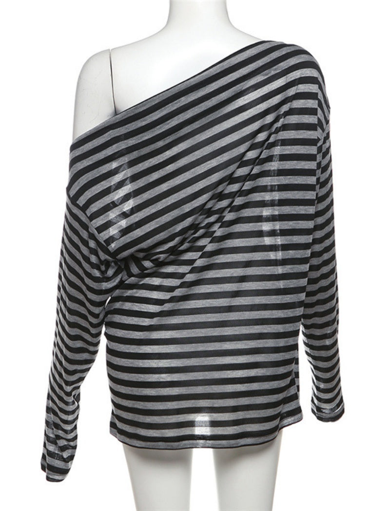 One-Shoulder Striped Long Sleeve Top