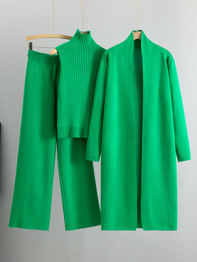 Solid Sleeveless Top and Pants and Coat Set