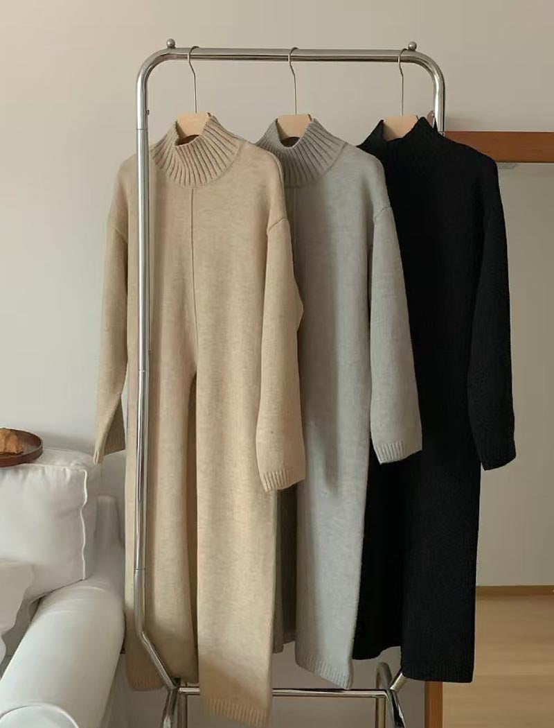 High-Neck Slit Sweater Maix Dress