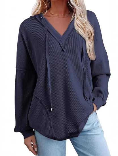 V-Neck Waffle Knit Solid Long Sleeve Hoodie