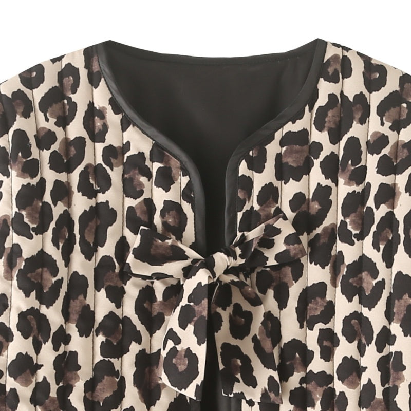 Leopard Print Quilted Coat with Knot Ties