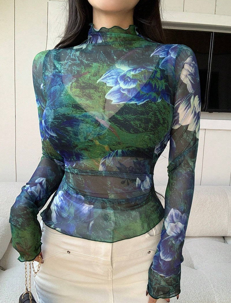 Abstract Art Print Sheer Top