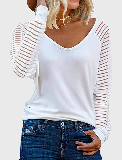 Striped Sleeve V-Neck Long Sleeve Tee