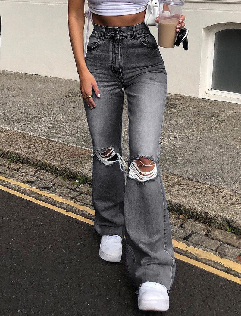 Distressed Wide-Leg Flared Denim Pants
