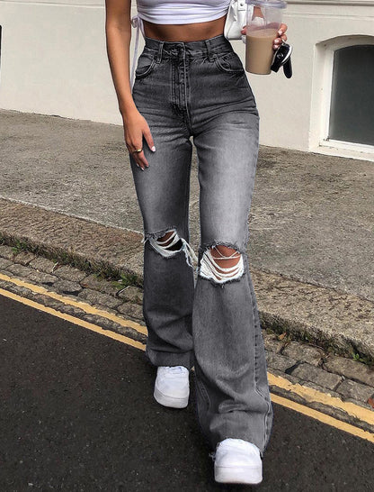 Distressed Wide-Leg Flared Denim Pants