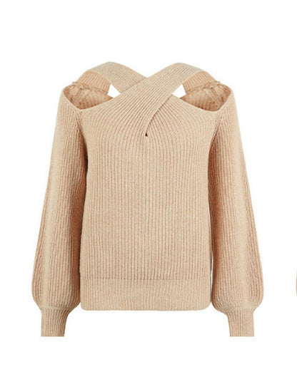 Cross-back Halter Neck Balloon Sleeve Knit Sweater