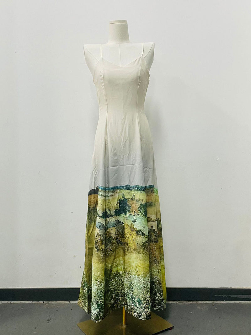 Spaghetti Strap Landscape Print Maxi Dress