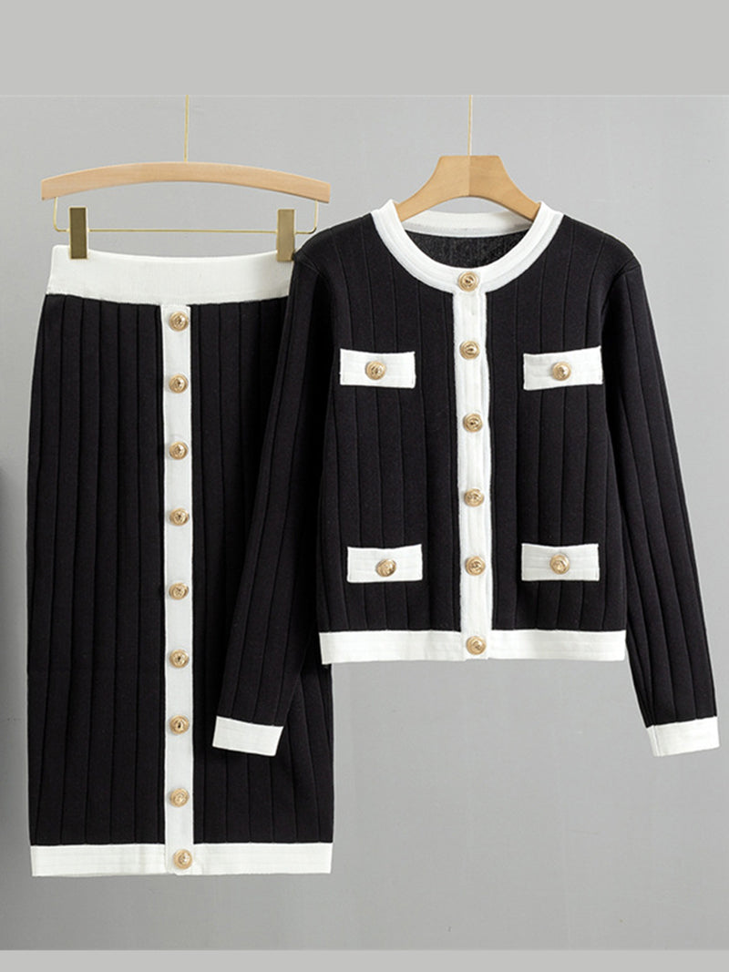 Pleated Button-Up Cardigan and Skirt Set