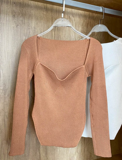 Sweetheart Neck Long Sleeve Knit Top