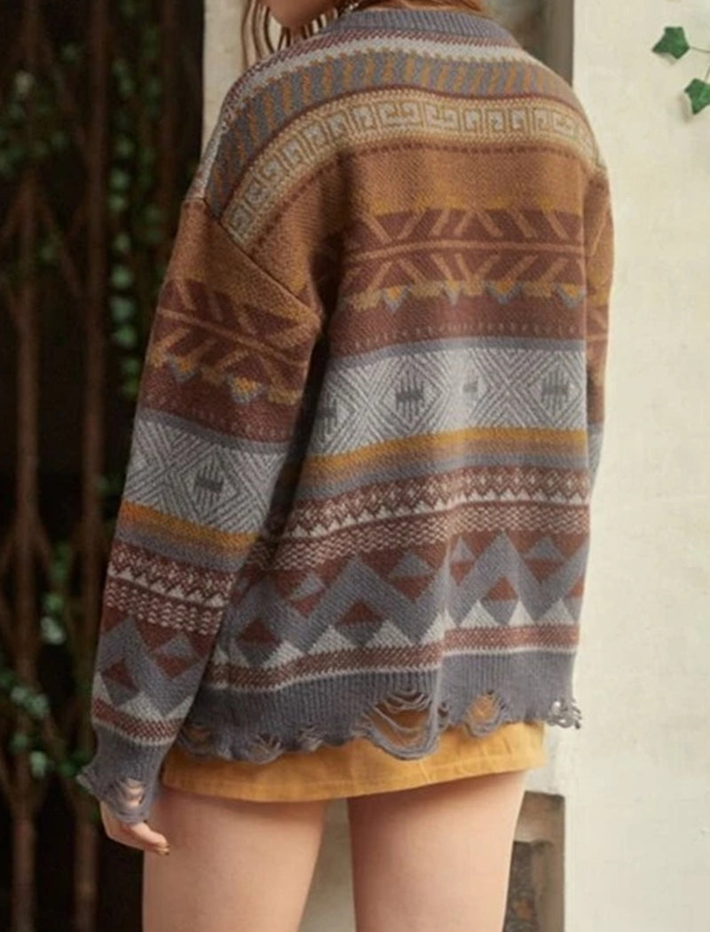 Loose Fit Geometric Pattern Distressed Knit Sweater