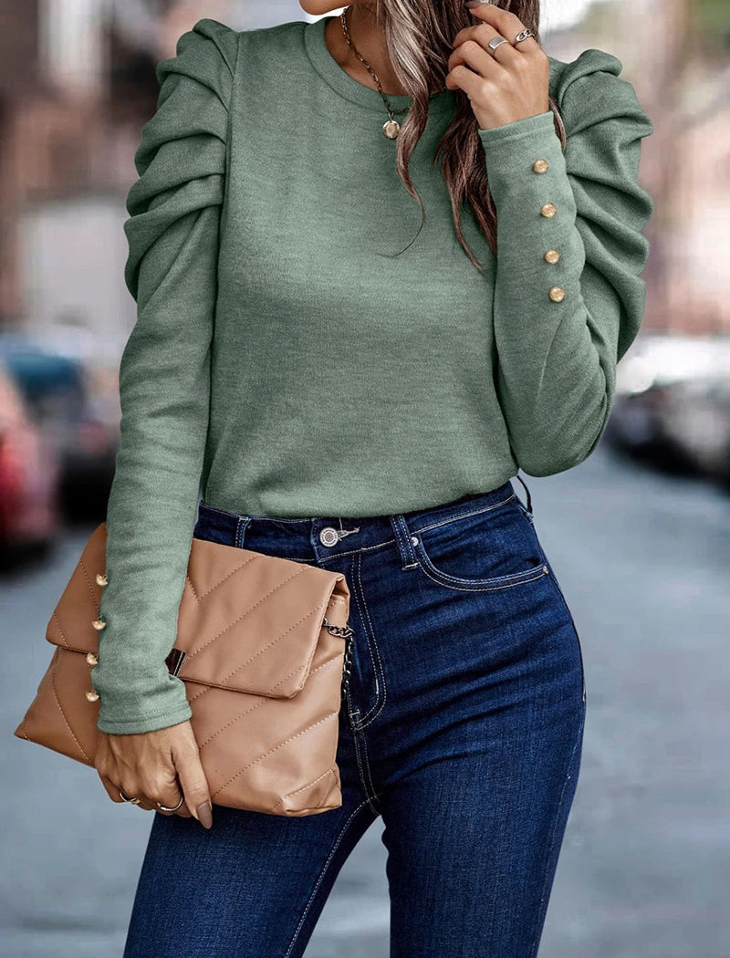 Ruched Sleeve Buttoned Top