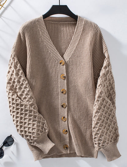 V-Neck Textured Sleeve Buttoned Cardigan