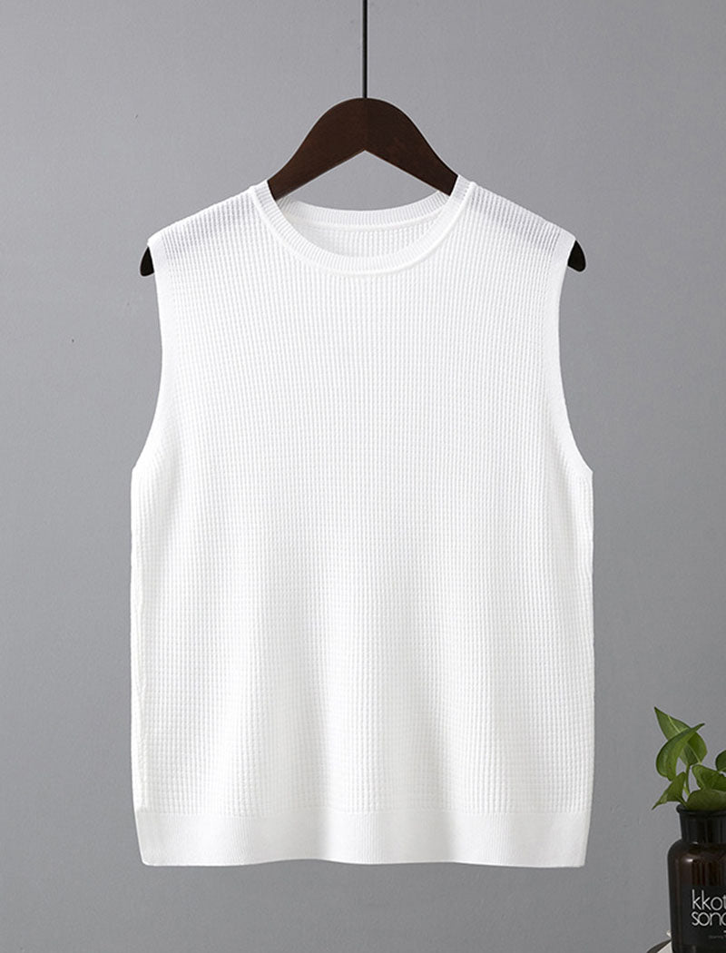 Sleeveless Wide-Shoulder Knit Crewneck Top