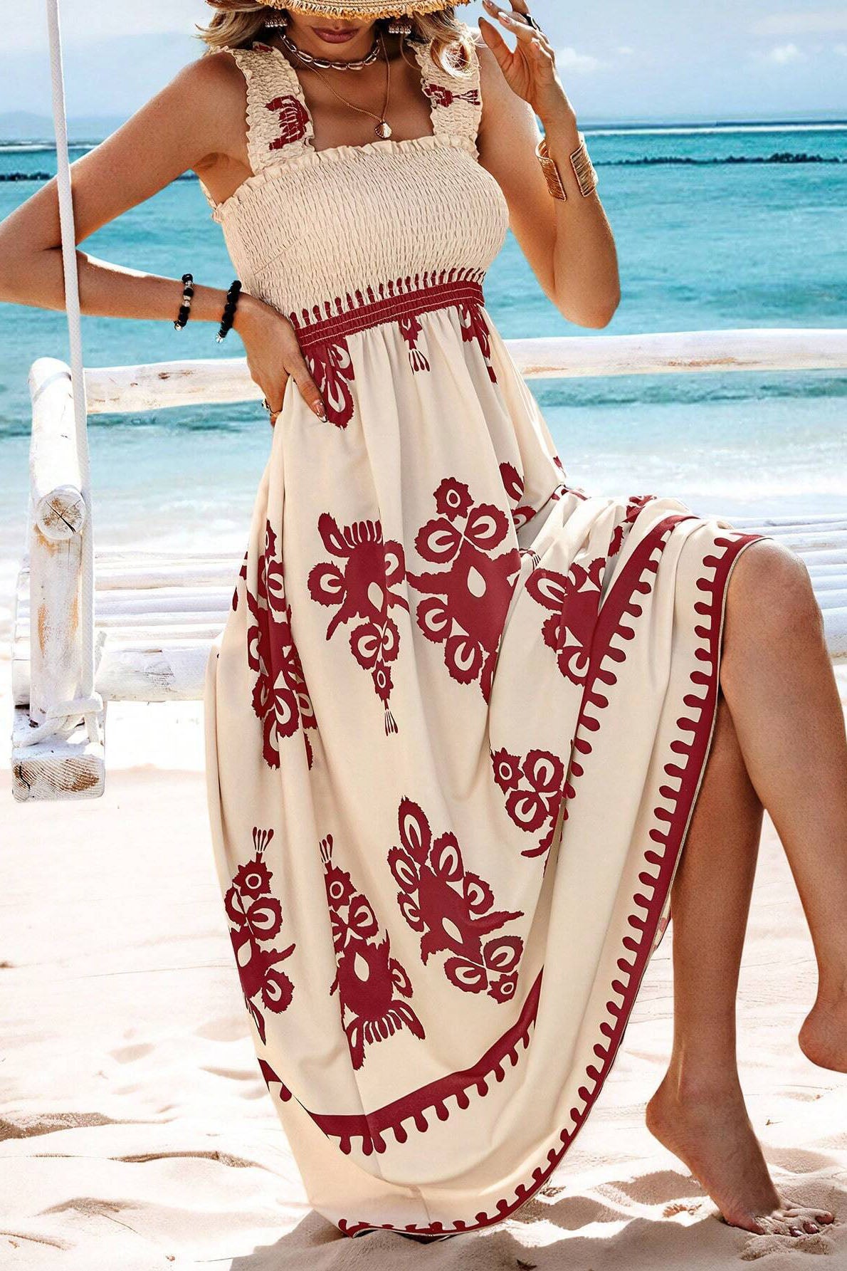 Boho Print Smocked Maxi Dress