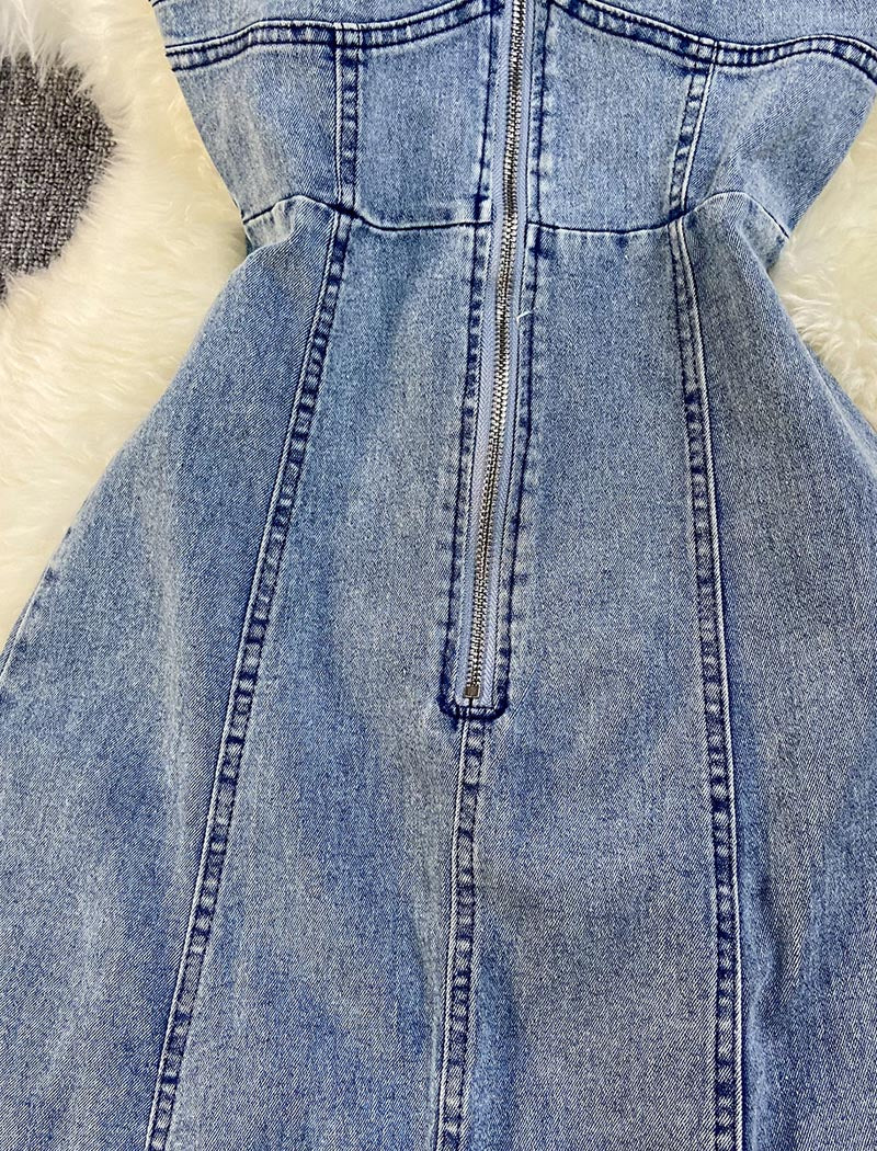 Denim Zip Up Backless Midi Dress