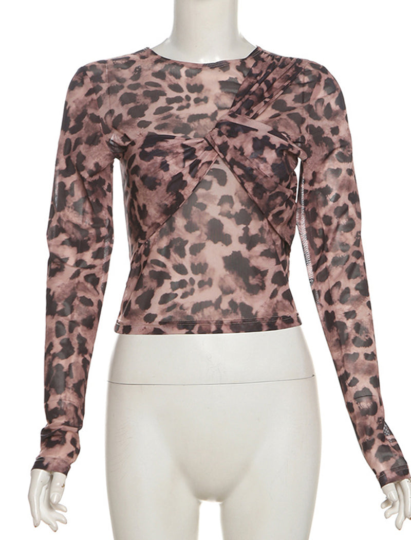 Long-Sleeve Leopard Mesh Top