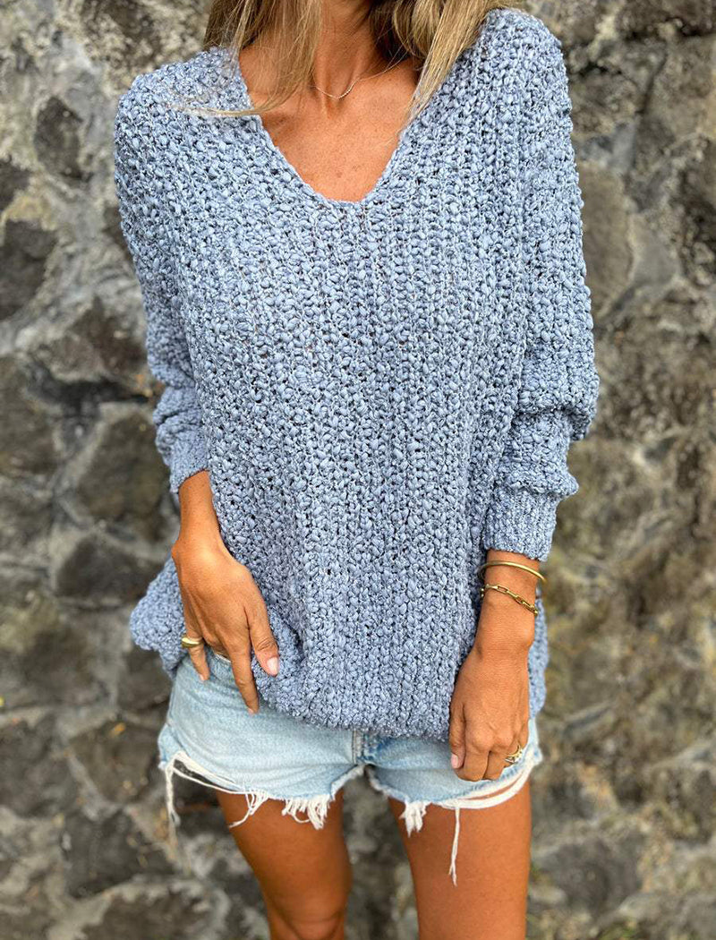 Knit V-Neck Relaxed Long Sleeve Sweater