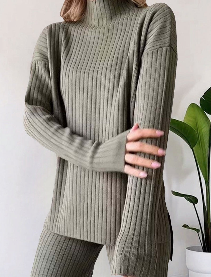 Ribbed Knit Top and Wide-Leg Pants Set