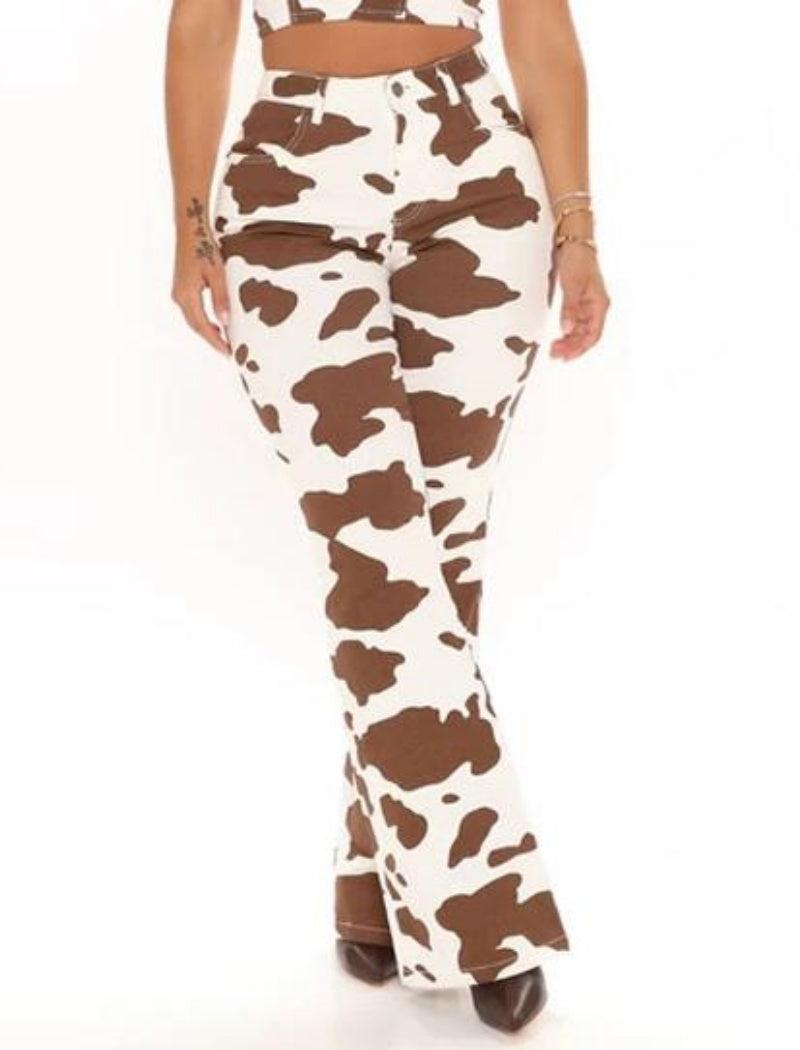 High-Waist Flared Cow Print Pants