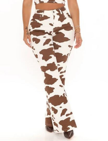 High-Waist Flared Cow Print Pants