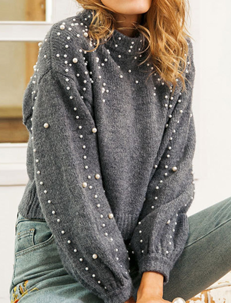 Pearl Embellished Mock Neck Sweater