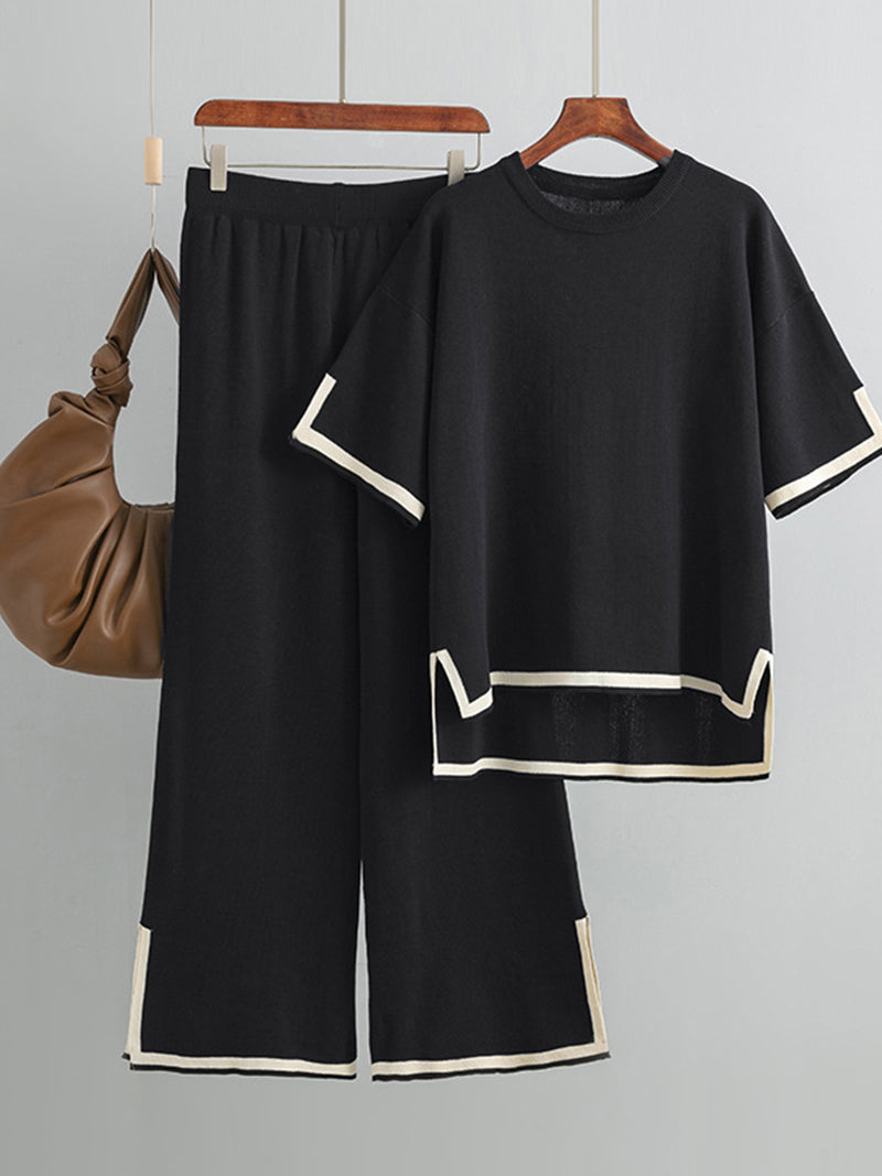 Slit Shirt and High-Waist Pants Set