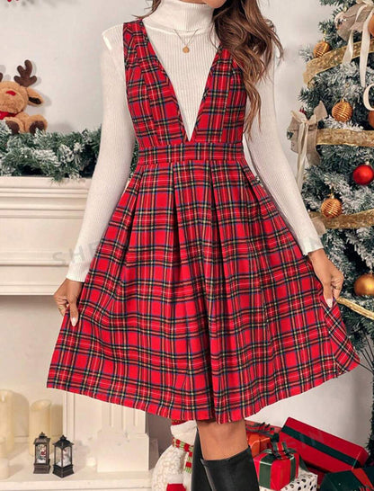 Plaid Sleeveless V-Neck Dress