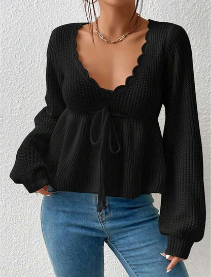 Loose V-Neck Tie Front Ruffle Knit Top